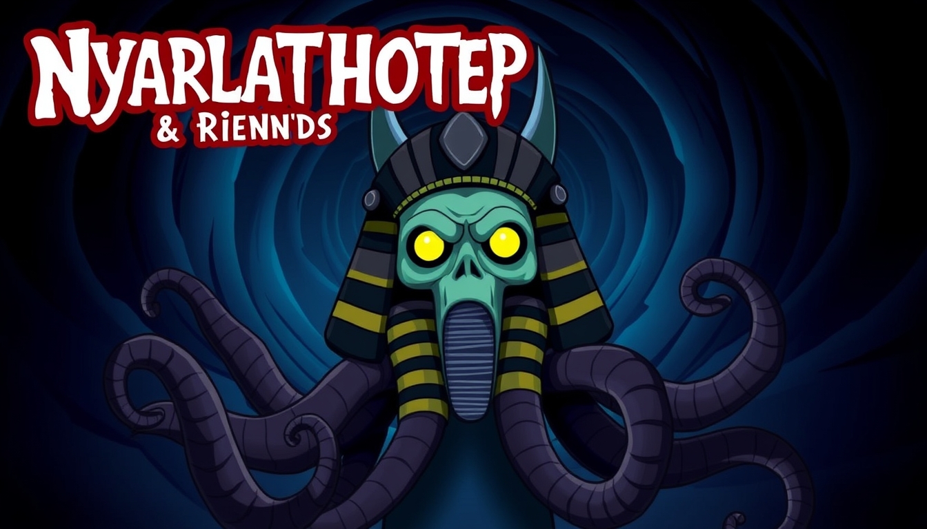 Poster for a creepy TV show for kids called "Nyarlathotep & Friends" about an Egyptian god with tentacles, vortex background. - Image