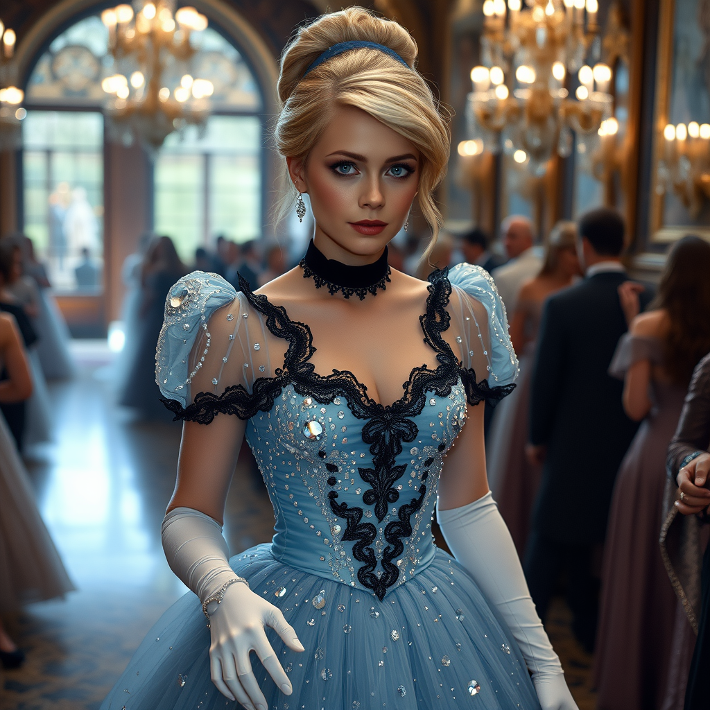 Blonde Cinderella, she is wearing a pale blue transparent gown covered in billions of shiny crystals, with black velvet lace around her neck, white long gloves, glass shoes, and her hair pulled up. She is entering a palace ballroom full of people. The image has a depth of field, gray eyes, set in the 1700s. She has perfect hands, a perfect face, and perfect eyes. The photograph is realistic, in 8K quality, and set in England. - Image