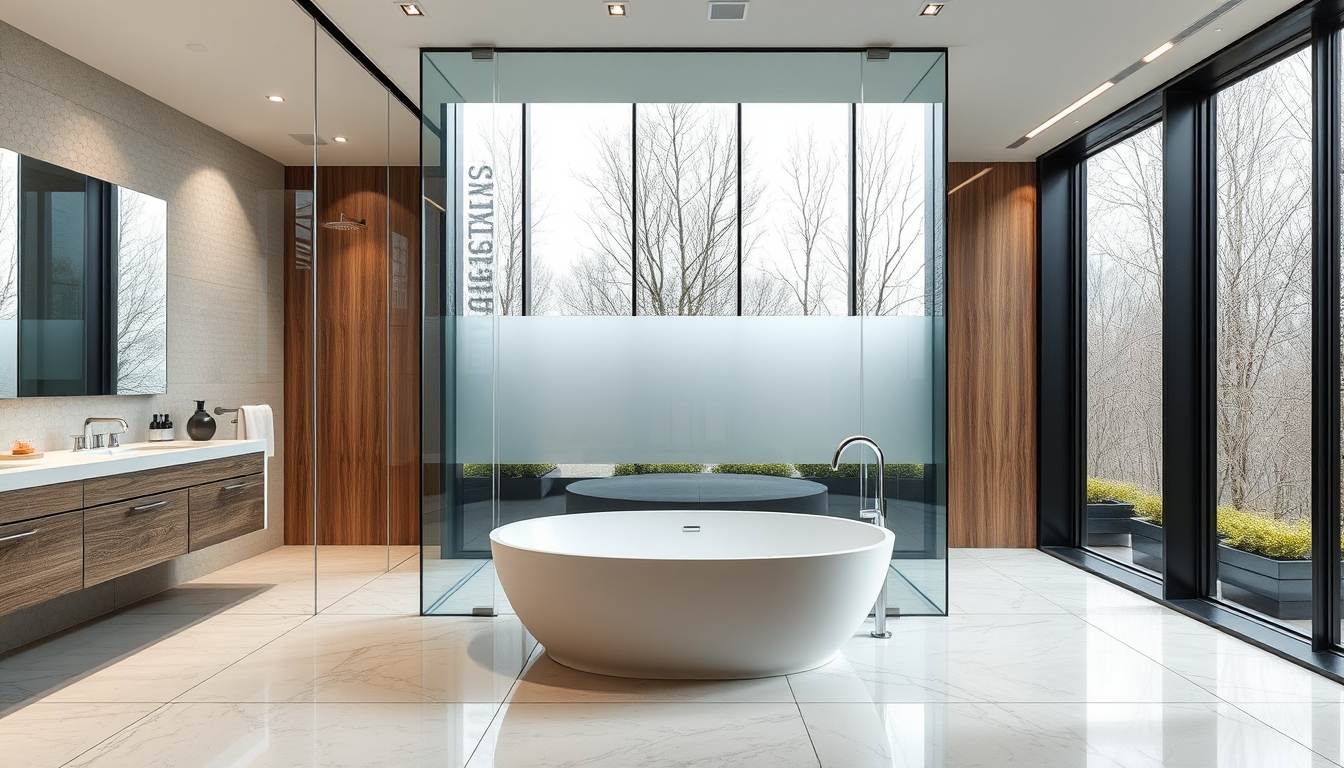 A sleek modern bathroom with glass walls and a luxurious soaking tub.