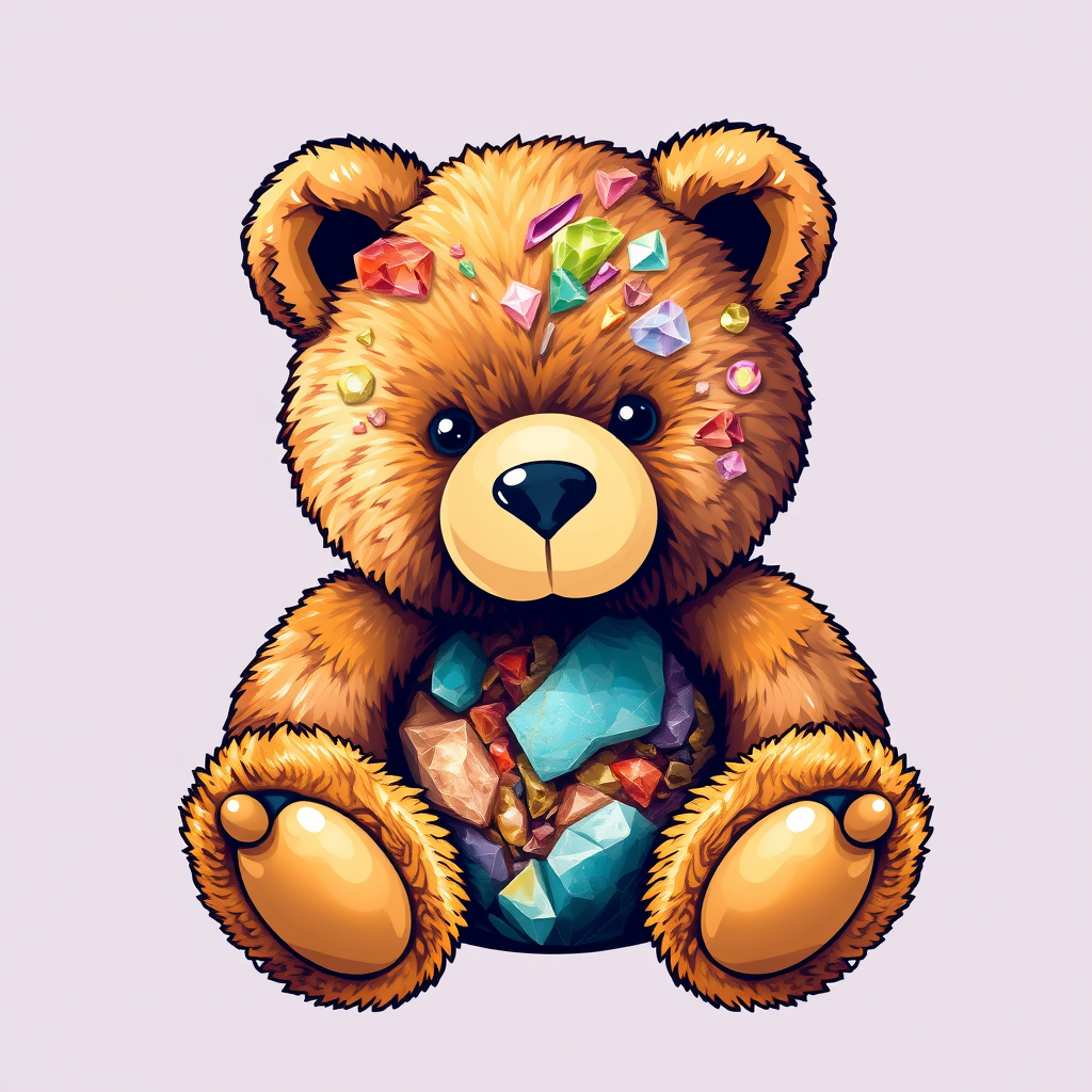 A tee shirt design of a teddy bear whose entire body, ears, and head are perfectly blended with a beautiful mineral. Striking and beautiful digital strokes. - Image