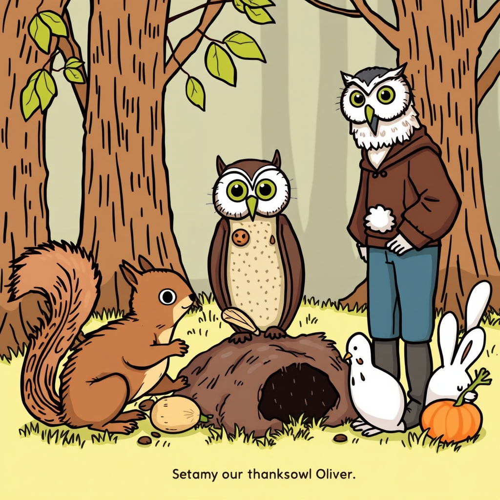 Squirrels gathered nuts, and rabbits dug burrows. Curious Tommy asked, "Why is everyone so busy today?" Wise old owl Oliver answered, "Today is Thanksgiving, Tommy. It's a special day when humans celebrate what they're thankful for."