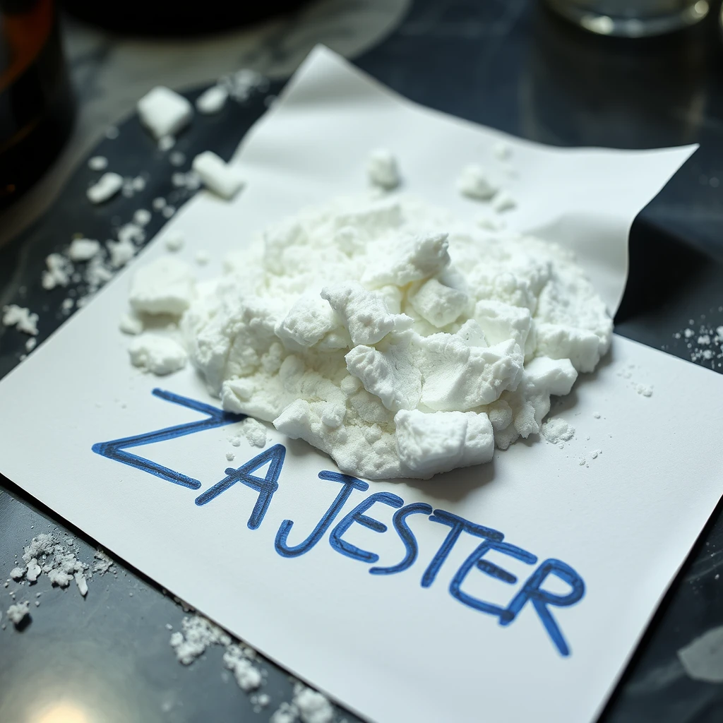 There is cocaine on a table and there is paper under it, it says "ZANTE X MAJESTER" in blue on the paper.