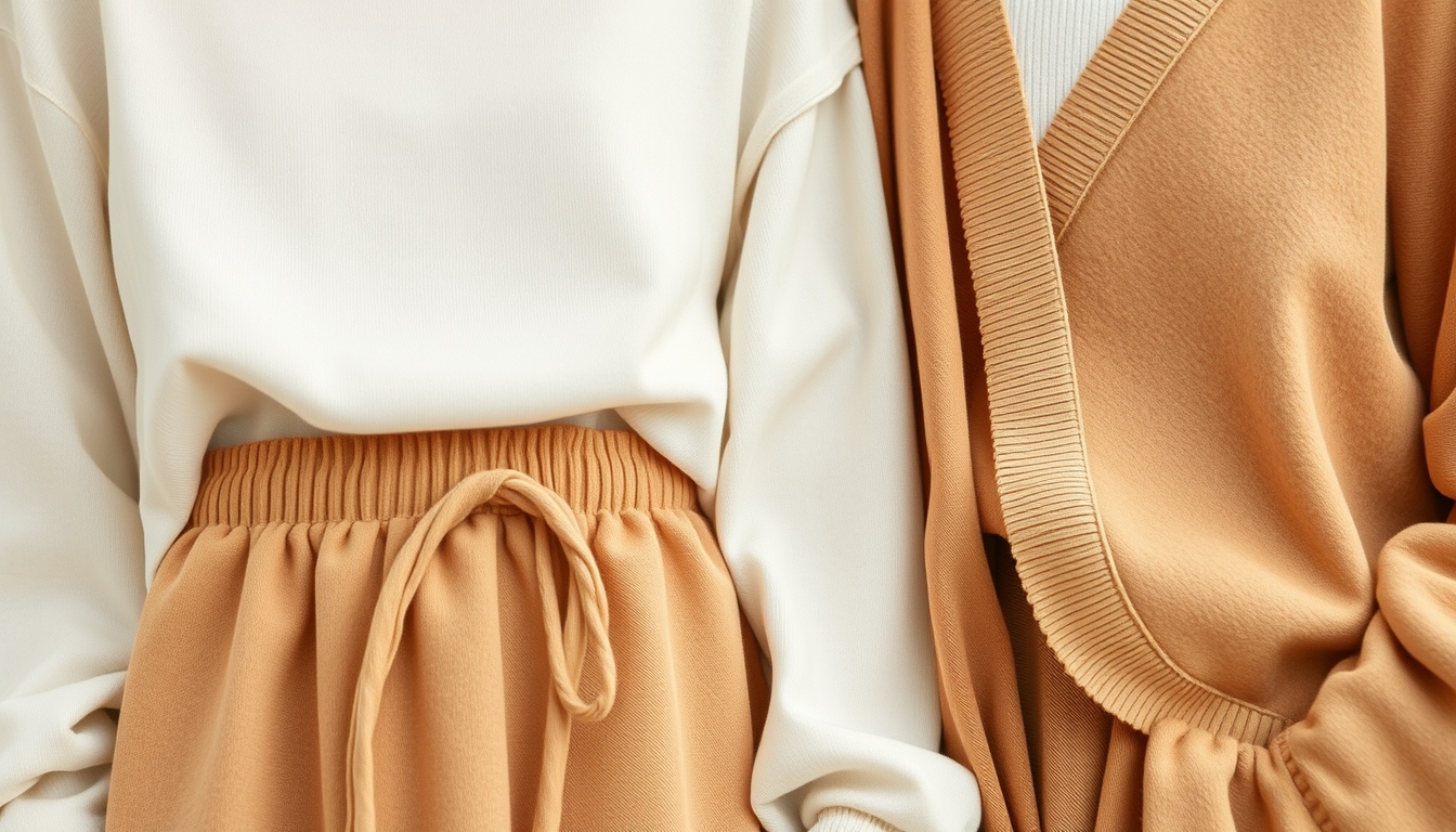 A close-up of eco-friendly clothing items, showcasing organic fabrics, neutral tones, and earthy textures, styled against a clean background.