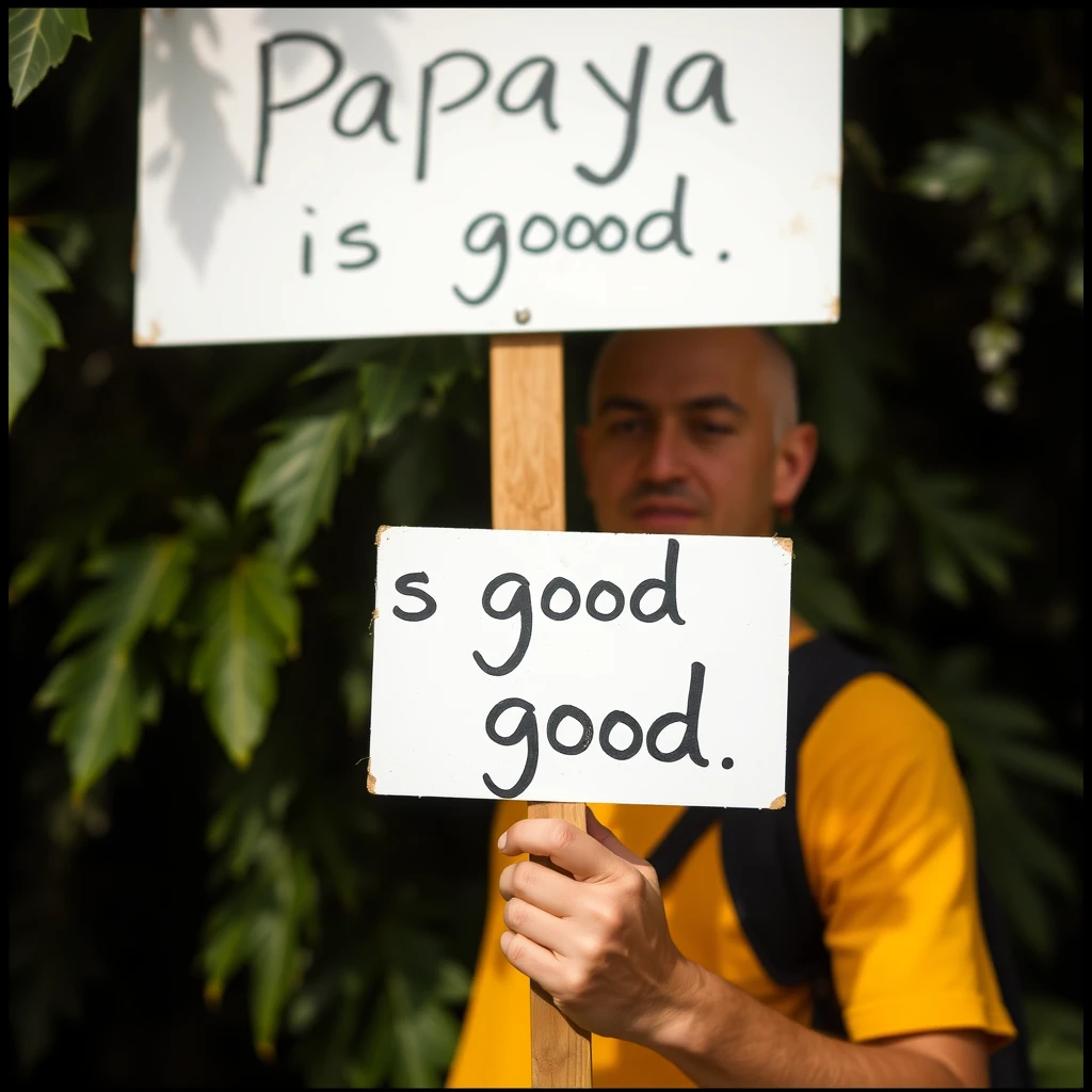 Person with a sign written: Papaya is good in Portuguese - Image