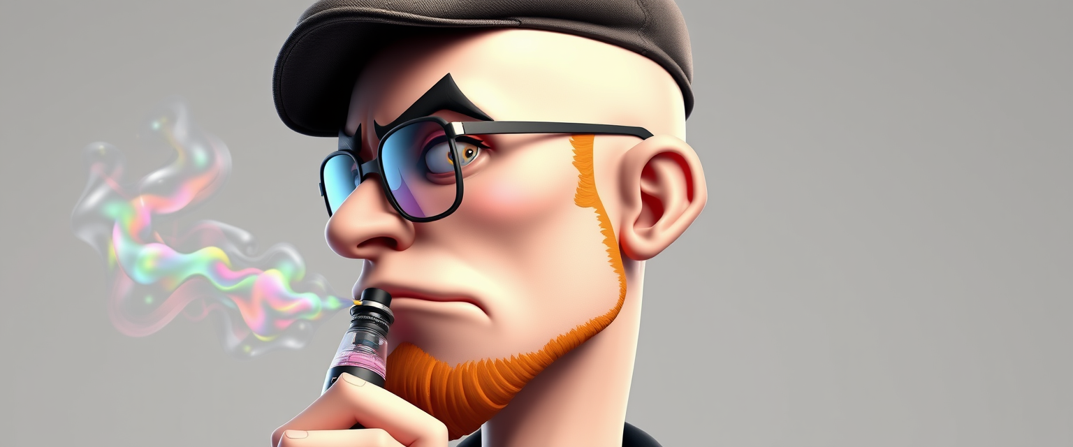 Three-quarter view of a sinister, bald cartoon human male with demonic features. Short ginger beard contrasts with dark eyebrows. Wears a weathered flatcap and reflective aviator glasses. Clutches a sleek vapemod, exhaling dense, swirling vapor clouds. Vibrant, e-liquid drips off his pale skin, creating a colorful aura. 3D rendered.