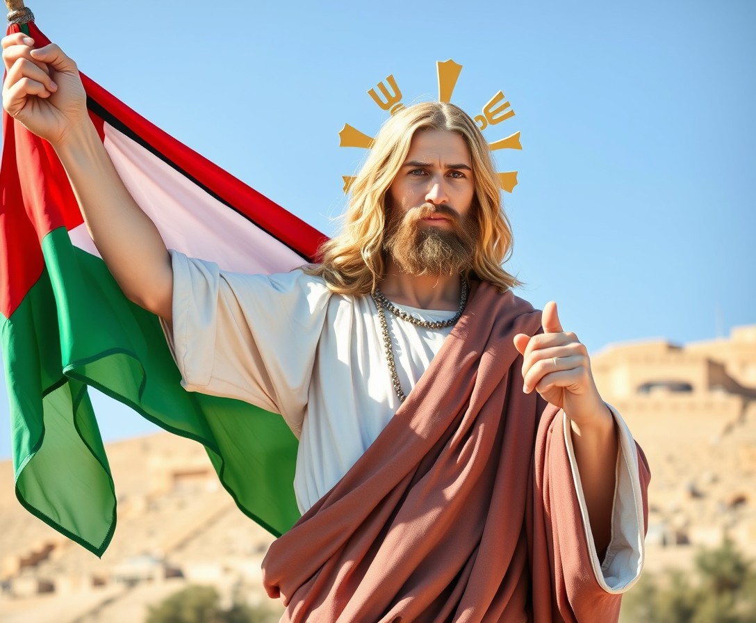 Blonde Jesus said Palestine is free, holding the flag of Palestine.