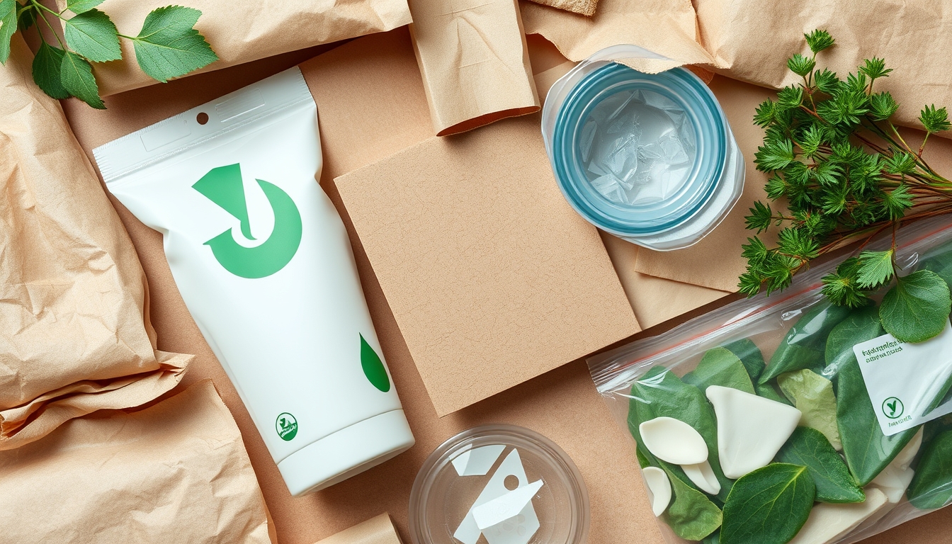 A detailed close-up of sustainable packaging materials, including cardboard, paper, and biodegradable plastics, arranged aesthetically on a neutral background. - Image