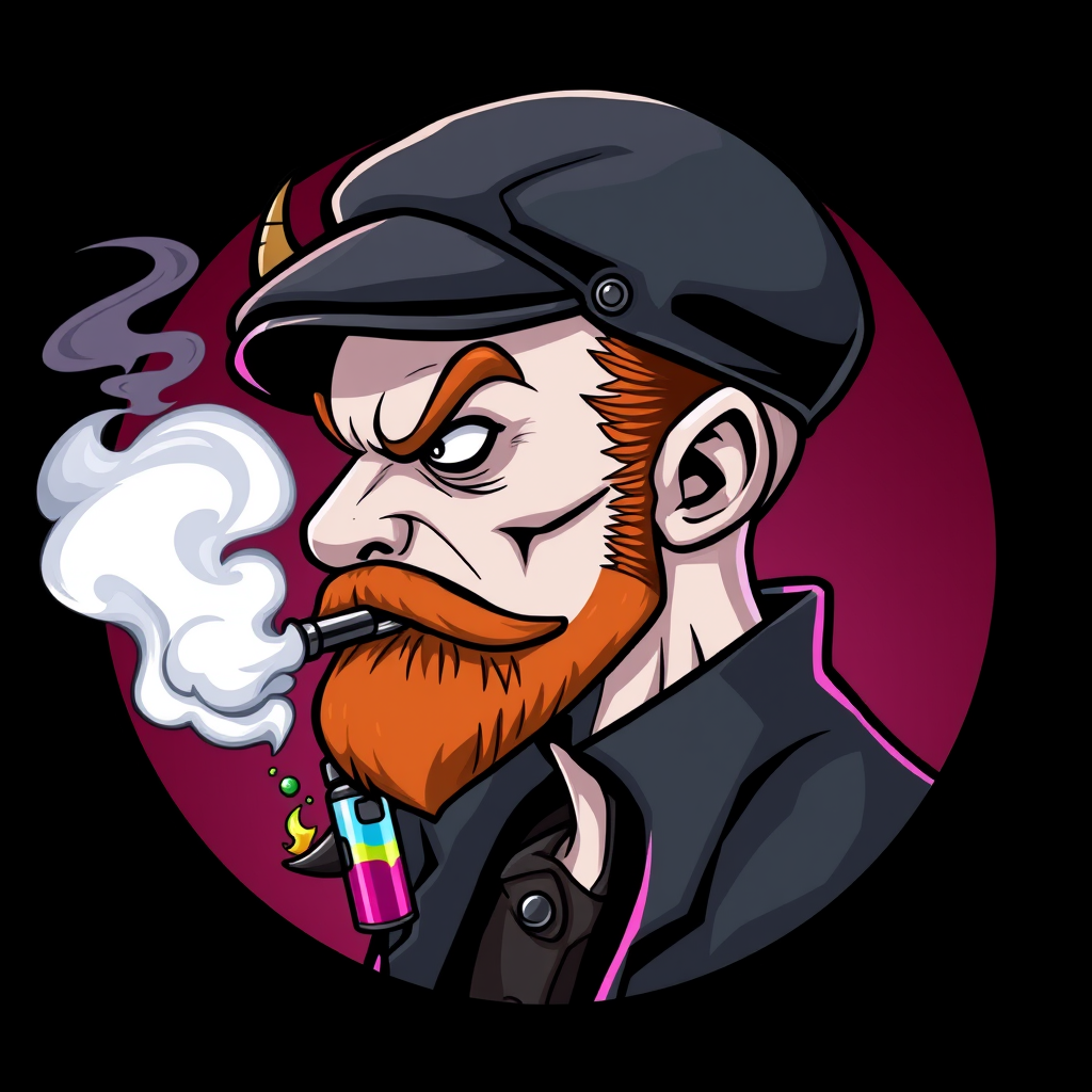 Three-quarter view cartoon demonized white human male, bald with short ginger beard, wearing a vintage flatcap. He's exhaling vapor clouds from a sleek vapemod, dripping with vibrant e-liquids. Set in a circular logo design, featuring gothic elements and a smoky, mischievous atmosphere. - Image