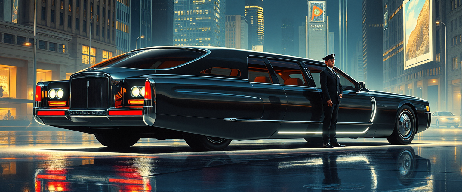 A very futuristic business limousine concept, a painting by Syd Mead, 4k, a chauffeur stands at attention, detailed, city setting, night, circa 2072.