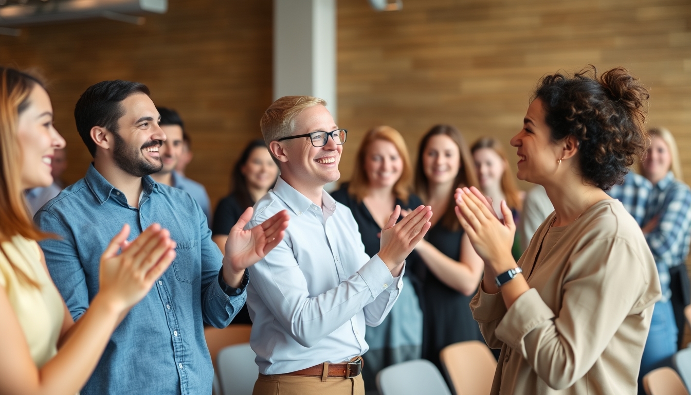 Happy people clapping and supporting each other in a workshop setting. - Image