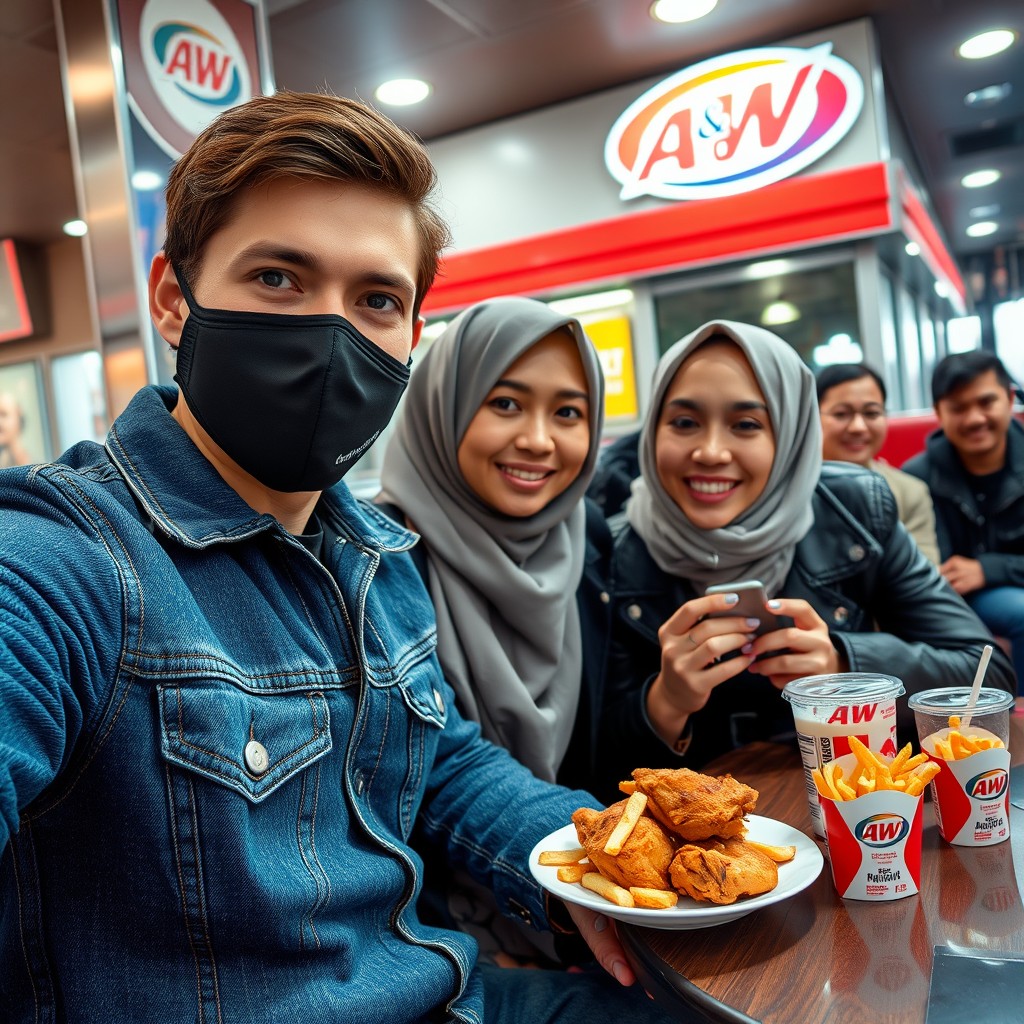 Jamie Dornan's head and body shot, handsome, young, face mask black, blue jeans jacket, jeans, dating love with a grey hijab Muslim girl, beautiful eyes, face mask black, black leather jacket, biggest floral skirt, at a&w fast food restaurant, plate of Korean fried chicken, 2 cups of fries, soft drink a&w, with another 3 friends smiling in the back, photorealistic, hyper-realistic, street photography, selfie. - Image