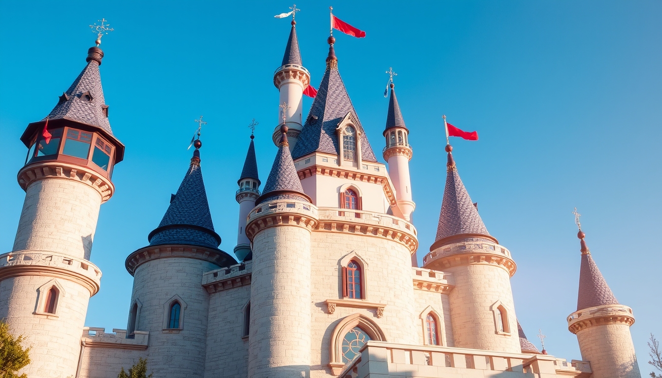 A whimsical fairy tale castle with glass turrets sparkling in the sunlight.