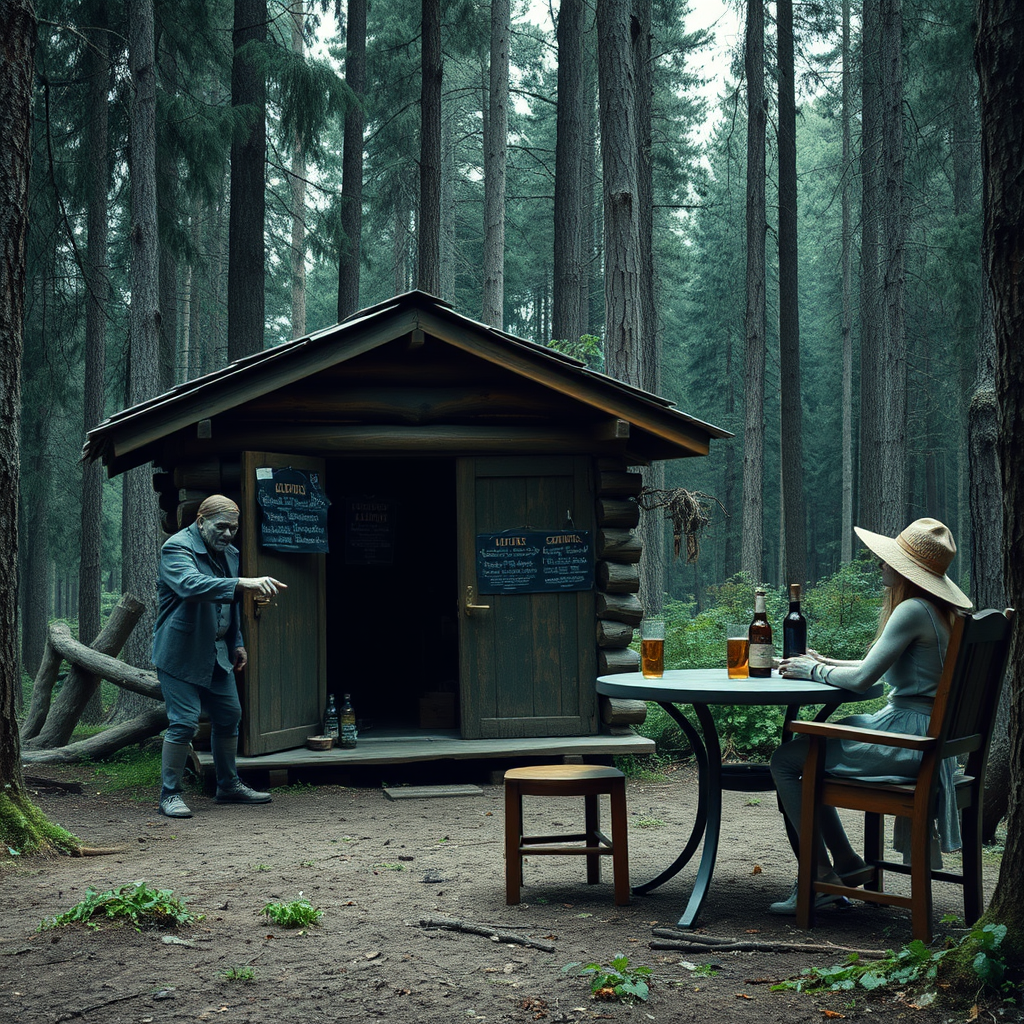 Real-life photography, wide shot: In the forest, there is a wooden cabin selling alcohol, and a dressed zombie comes to buy some. Next to the cabin, there are one table and two chairs, with a zombie wearing a hat sitting and drinking. A female barbarian is selling the alcohol. - Image