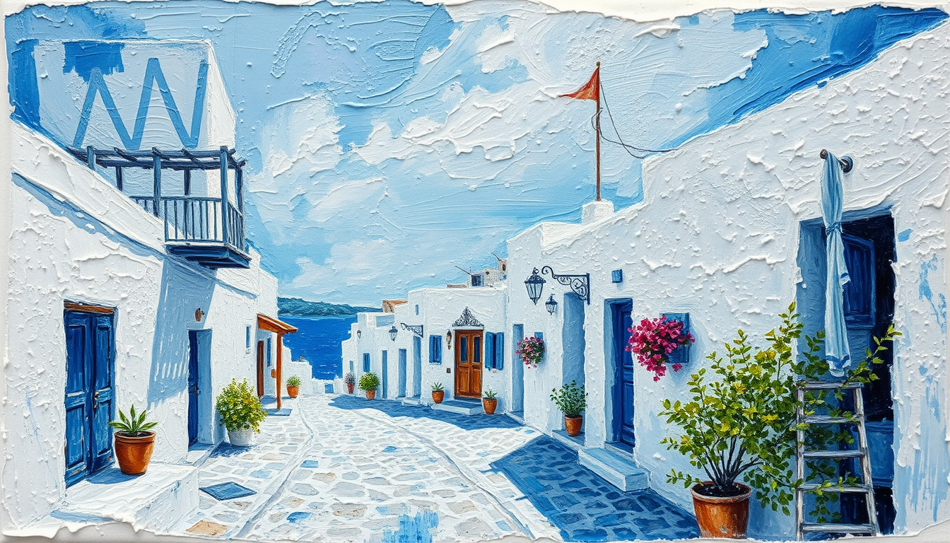 Impasto with highly textured painting featuring a thick application of paint, with a watercolor bleed white edge, depicting a street on the Cycladic Islands, with white and blue as the main colors.