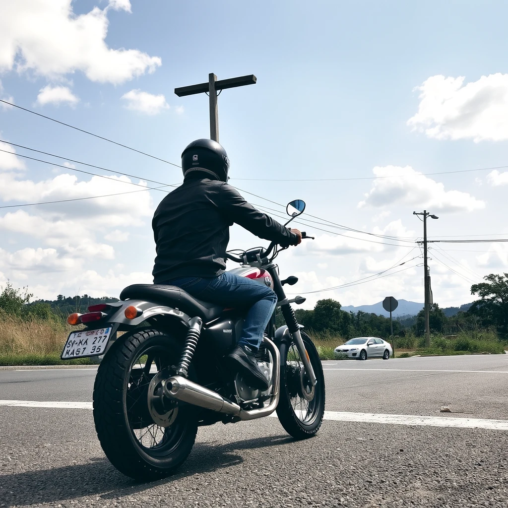 "At the crossroads, someone is riding a motorcycle."