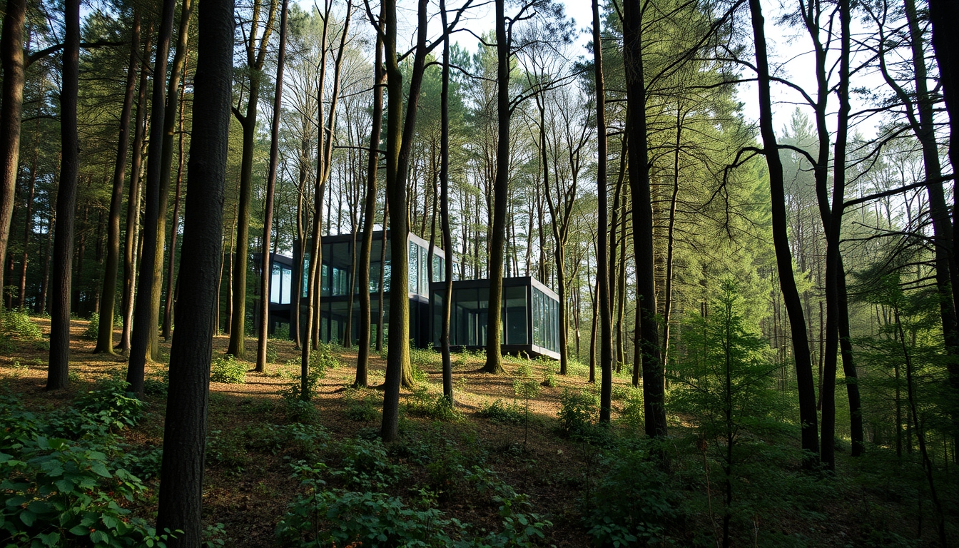 A tranquil forest scene with a hidden glass house blending into the surroundings.