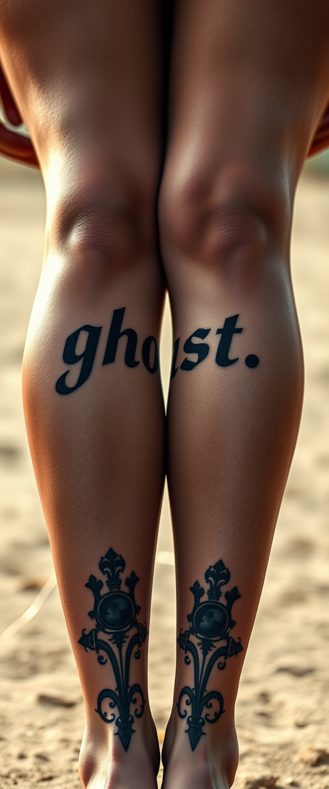 Close-up view of tattooed legs of a super muscular, super beautiful Middle Eastern woman with the word "ghost" written on them.