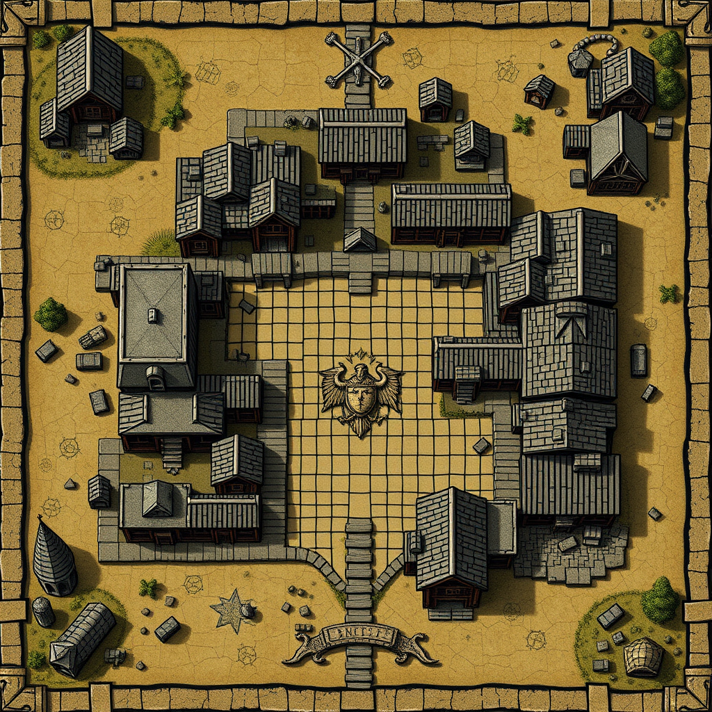 Dungeons and Dragons style. Map of the city top view. Houses, tavern, market square, guard building, inn.