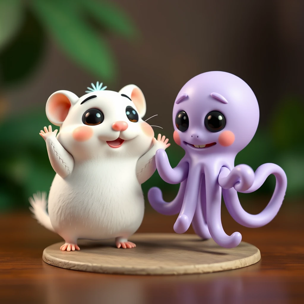 "Waltz of the hamster and octopus. A cute white hamster with big eyes and a cute light purple octopus, three-dimensional 3D animation, maximized clay texture." - Image