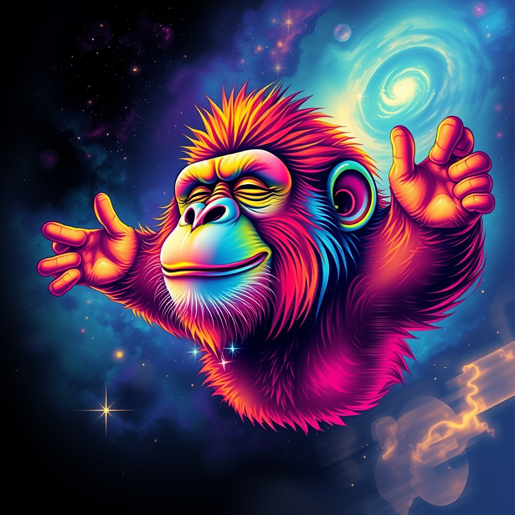 A captivating digital painting of a happy ape soaring through a dreamy, cosmic landscape. The ape sports a vibrant rainbow color palette, with flashes of color interspersed throughout the scene. The background features a starry cosmos with swirling galaxies and nebulas. The ape's eyes are closed, exuding a serene expression, while its serene smile is a testament to its peaceful state. The glitchy edges, fading to black, add a unique and striking touch to the design. The subtle acid rainbow cubic glitch effect adds depth and visual intrigue to this mesmerizing, dreamy tee shirt design.