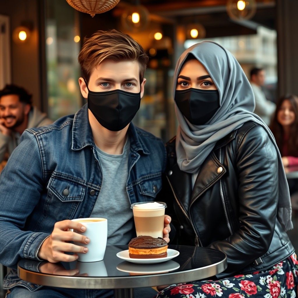 Jamie Dornan's head and body shot, handsome, black face mask, blue jeans jacket, jeans, dating a Muslim girl in a grey hijab, beautiful eyes, black face mask, black leather jacket, biggest floral skirt, at a cafe, 2 cups of latte, muffin cake, chocolate donut on the table, with 4 other friends smiling in the background, photorealistic, hyper-realistic, street photography, selfie. - Image