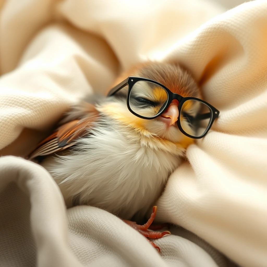 Sweet little bird with glasses sleeping in its bed. - Image