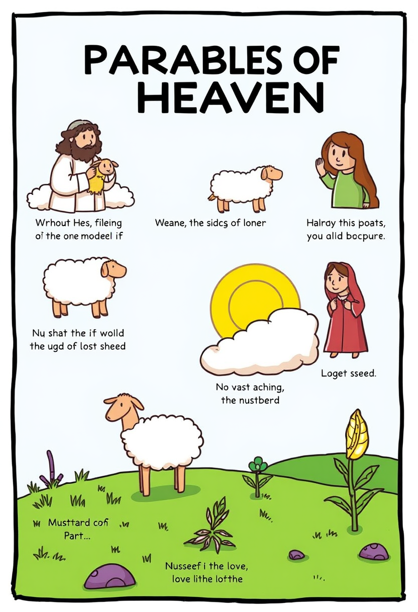 Depict various parables of heaven, such as the lost sheep and the mustard seed, in a colorful and engaging way. cartoon style, thick lines, low details, no shading.