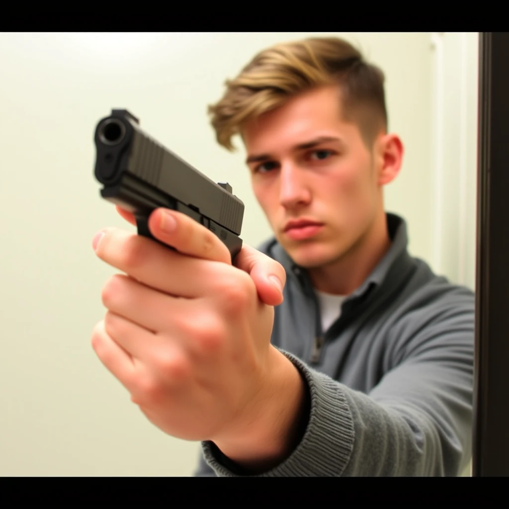 A young man is holding a handgun while looking in the mirror. Note that he is American. - Image