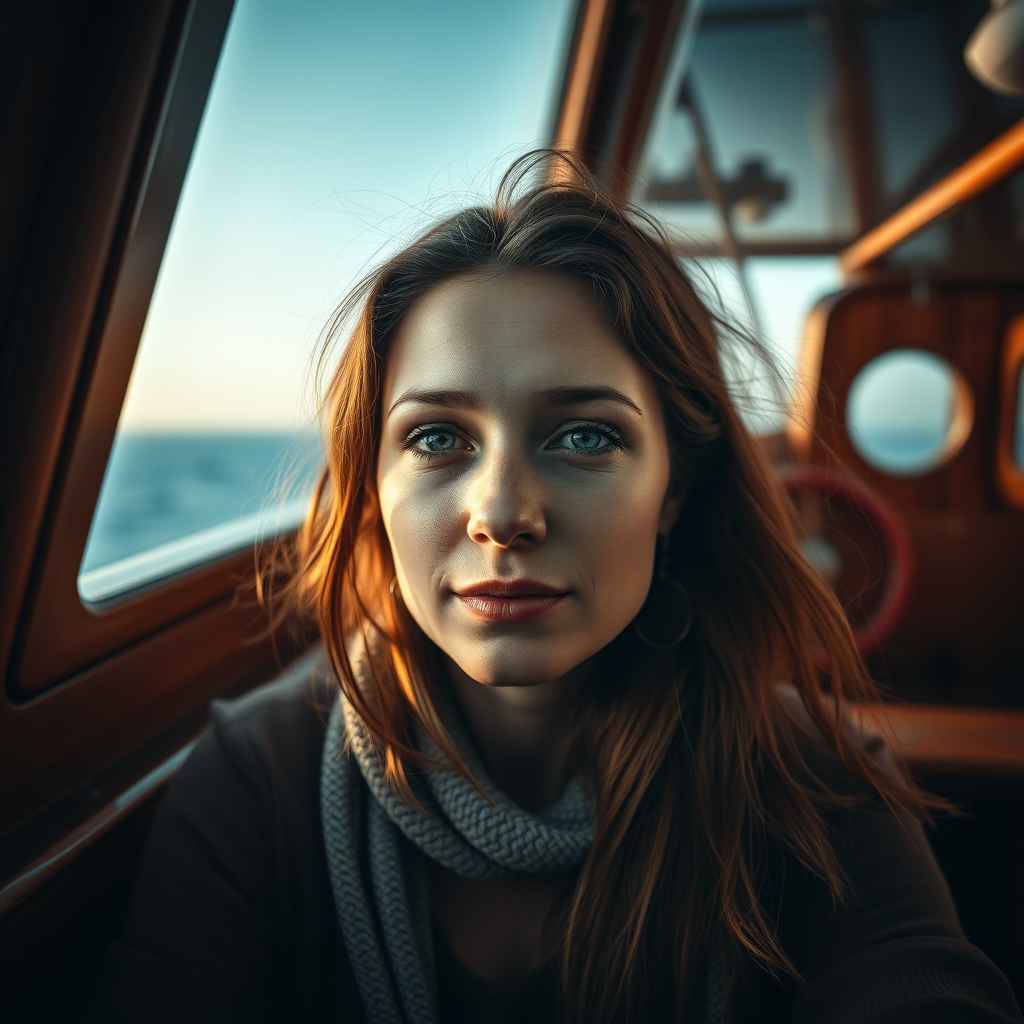 Ultra realistic photography portrait of a woman in a ship with ocean horizon, 8K cinematic, post-processing, super-resolution.