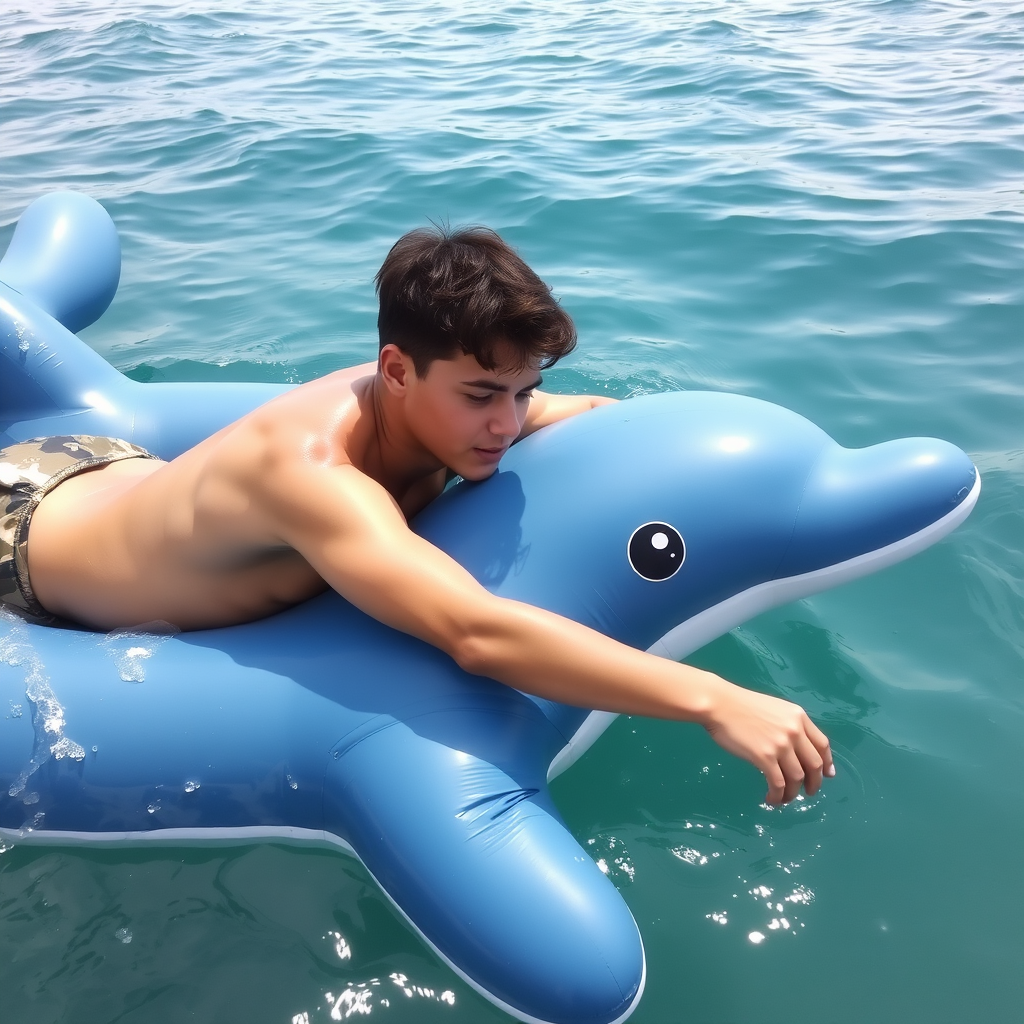 A teenager is lounging on an inflatable dolphin float in the sea, and he is touching the water.