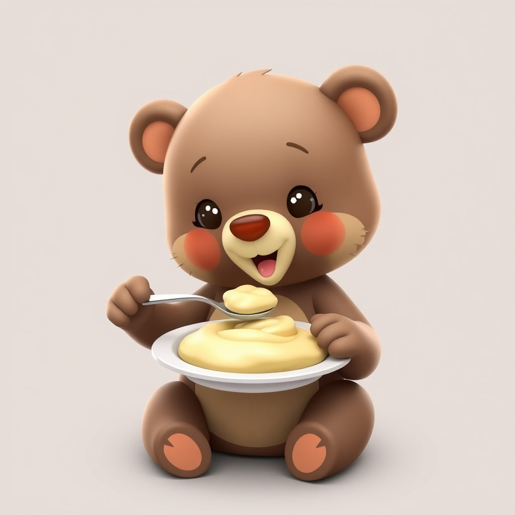 Cute cartoon bear cub eating porridge from a plate, holding a spoon in his paw. 3D cartoon style.