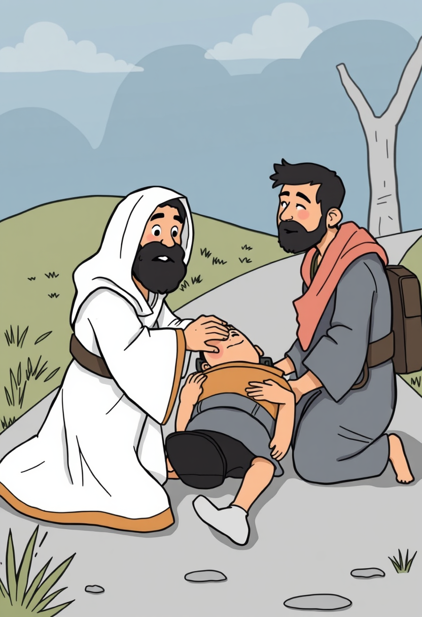 Create a scene of the Good Samaritan helping a wounded traveler on the road, with compassion and kindness evident in their expressions. cartoon style, thick lines, low details, no shading. - Image