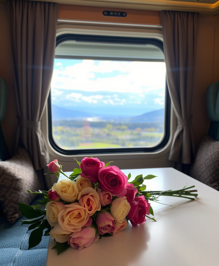 A bouquet of wild roses lies on a table in a cozy compartment, a stunning view opens outside the train window.