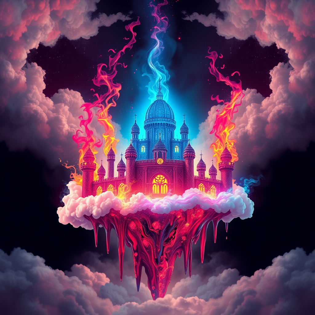 A tee shirt design of a beautiful liquid rainbow light kingdom in the clouds on fire with beautiful liquid red ruby dripping with flames. The kingdom has subtle rainbow light embers burning inside. Inside of the kingdom should be reminiscent of beautiful galaxies perfectly blended with chaos. Striking and otherworldly on a transparent background, the flames should have an outline of a beautiful blue ethereal glow. - Image