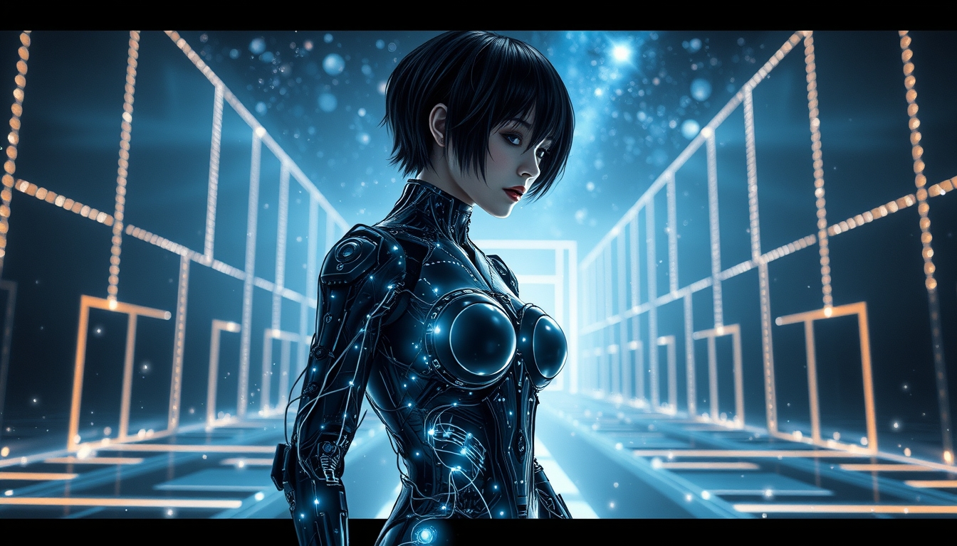 Interpretation of a cyborg woman (with short black hair). She is wearing a black and transparent electronic suit made of electronic components intertwined with white light, and particles of light are floating around her. She stands in the middle of a futuristic maze set against a galaxy backdrop (a beautiful maze with high walls made of stars). It is a style of mechanical realism, human relationships, and mythical themes. --Chaos 10 --ar 16:9 --v 5.2 --stylize 150.