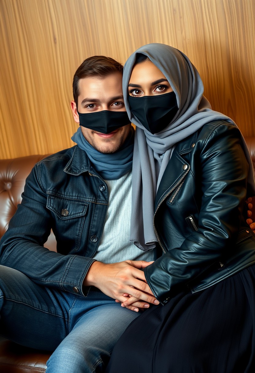 Jamie Dornan's head and body shot, handsome, black face mask, jeans jacket, jeans, dating, couple, with the biggest grey hijab Muslim girl, beautiful eyes, black face mask, black leather jacket, largest skirt, hyper-realistic, studio photography, sitting on a classic leather sofa, wooden wall, selfie. - Image