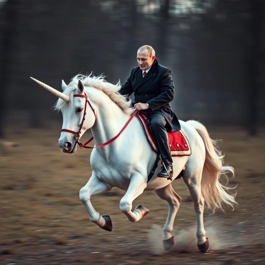 Putin rides a unicorn photography, dynamic shot.