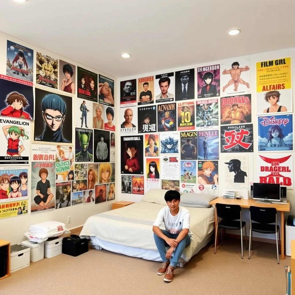 A large room, with one wall covered in many posters, including a poster of Katsuhiro Otomo's "Film Girl," a poster of "Neon Genesis Evangelion," a poster of "Dragon Ball," a poster of Asuka, and a poster of "Castle in the Sky." There is also a bed and a desk with chairs in the room. A male student is sitting in the room.