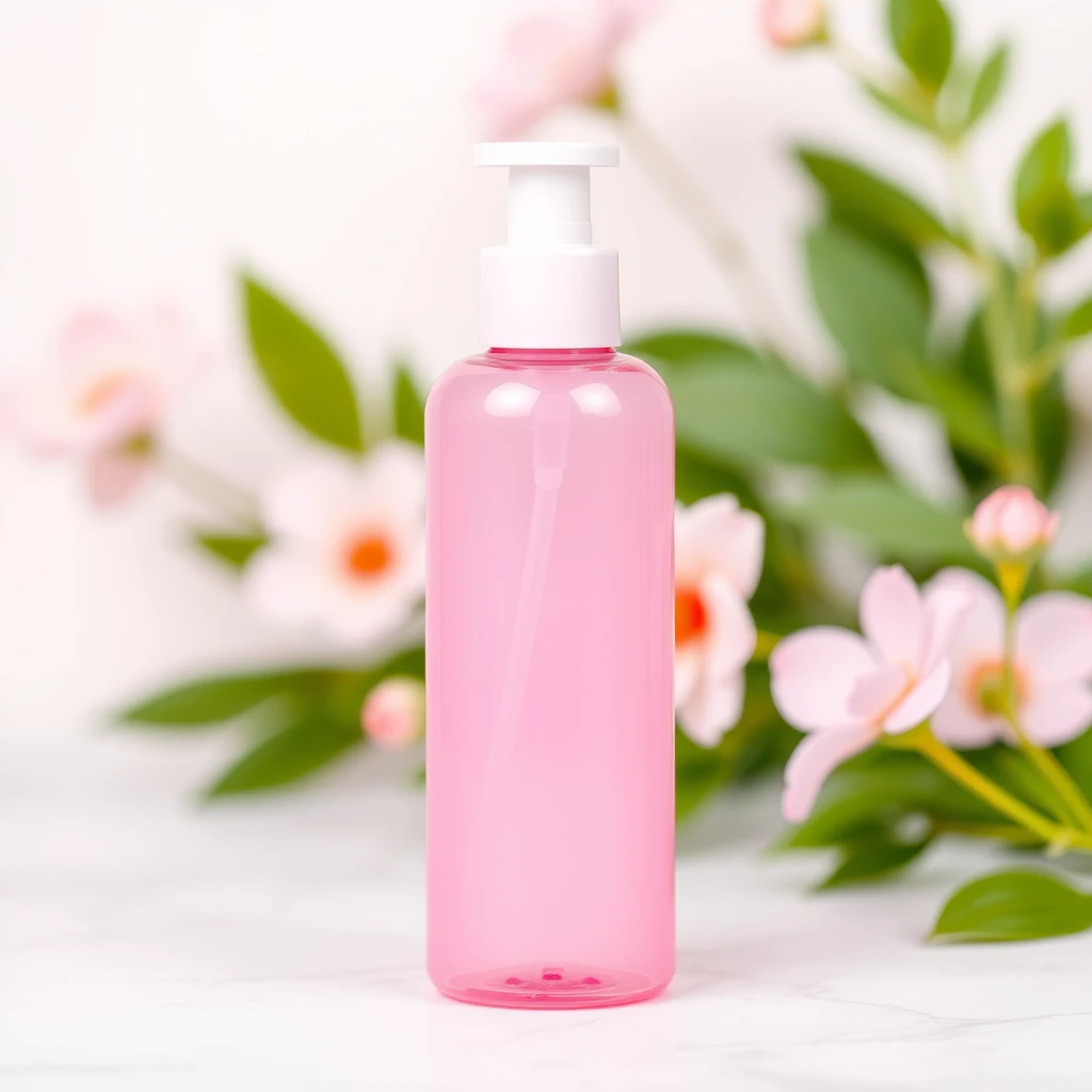 "I want a product background image. This product is a pink cosmetic plastic bottle that could be used to hold skincare lotion or something similar. I want a background image that matches it, can attract customers' attention, and sell well on Taobao. The background should highlight the product, be simple, and have some depth, without any floral patterns as the background."