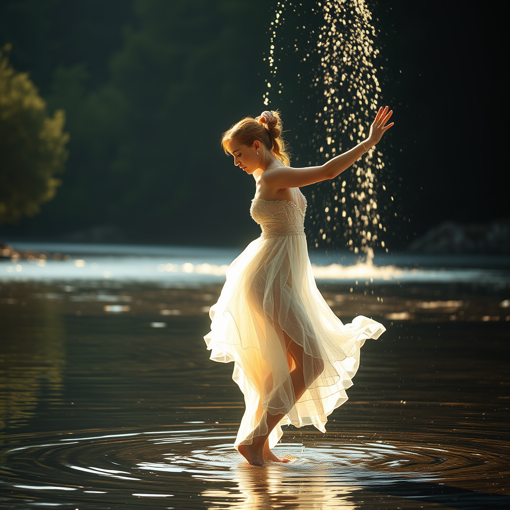 Riverside, dancing woman wearing a dress made of water, side view, full body view, strong light falls on her, water pours from the sky.