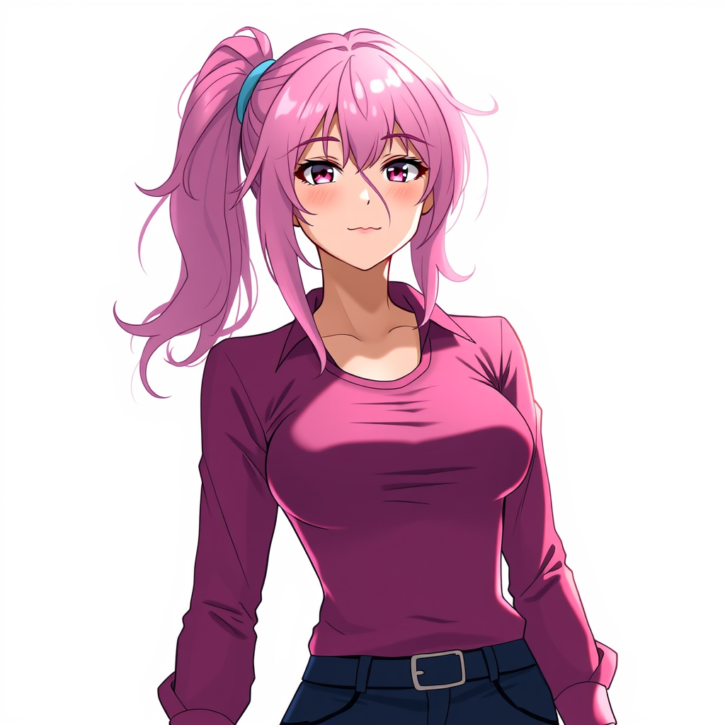 Anime art of a motherly woman, pink hair, tight shirt, detailed body, standing, white background, stunning details, trending on ArtStation, anime artwork, anime cel shading.