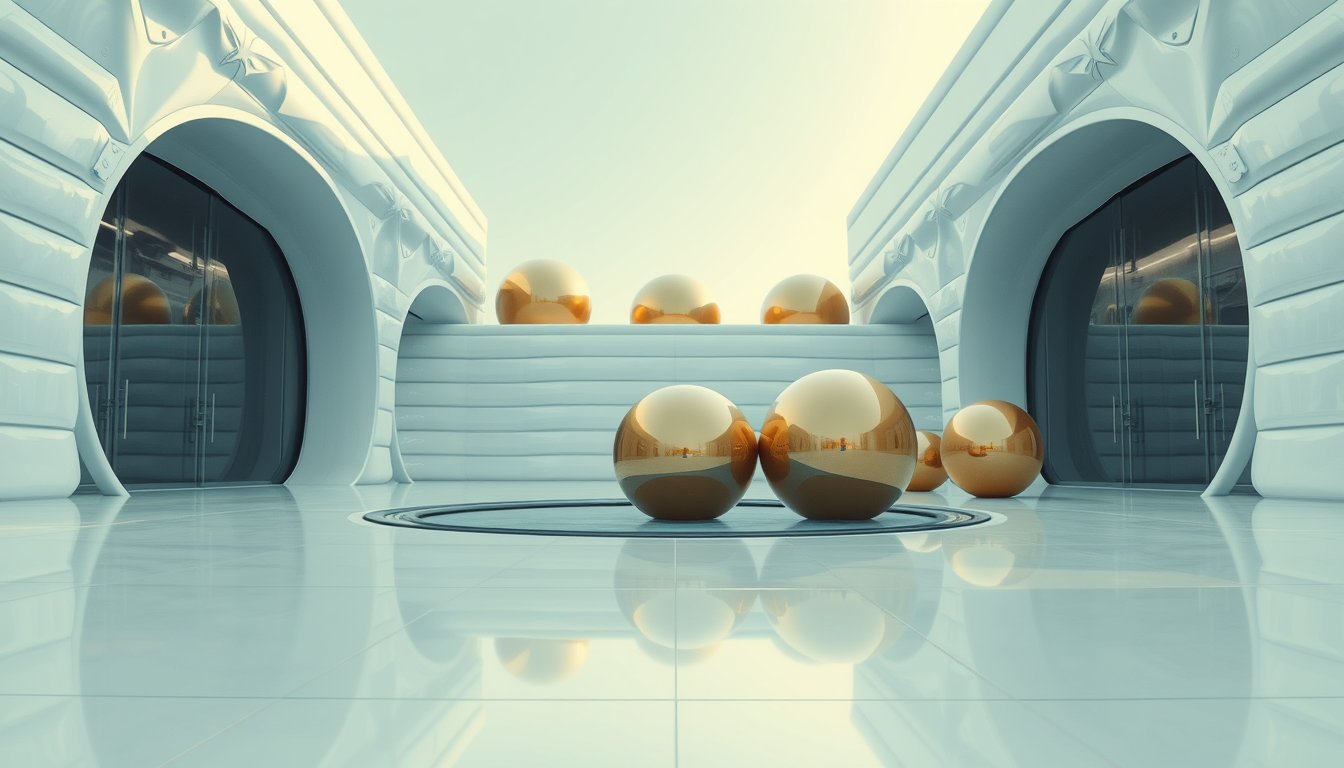 An eye-level, wide-angle shot of a fantasy, futuristic, and alien architectural square that features horizontally and vertically curved structures covered in white metallic reflective material. In the background, there are a few spherical gold objects with reflective, metallic surfaces that resemble large, smooth capsules. These objects are positioned on a sleek, ultra-white shiny floor that reflects their surfaces. The focus is the sleek horizontally and vertically curved architecture covered in white metallic reflective material and a water feature. The mood is serene and cool, bursting with futuristic creativity.