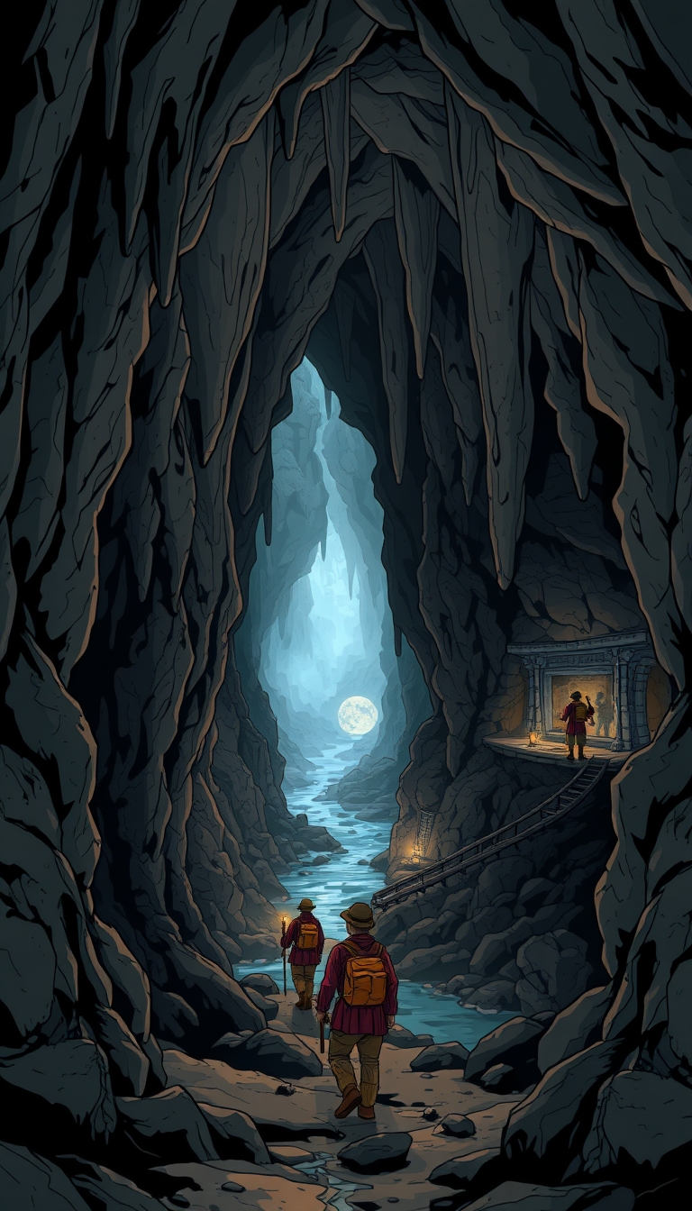 Mysterious Chinese cave with stalactites and stalagmites. Explorers in traditional attire with headlamps navigate narrow passages and chambers. Background includes underground rivers, mineral formations, and ancient cave paintings. 8K resolution, flat comic sketch style, dark colors The scene is depicted in 8K resolution with a flat comic sketch style, graphic novel aesthetic, 2D effects, and drab painting style, emphasizing. - Image