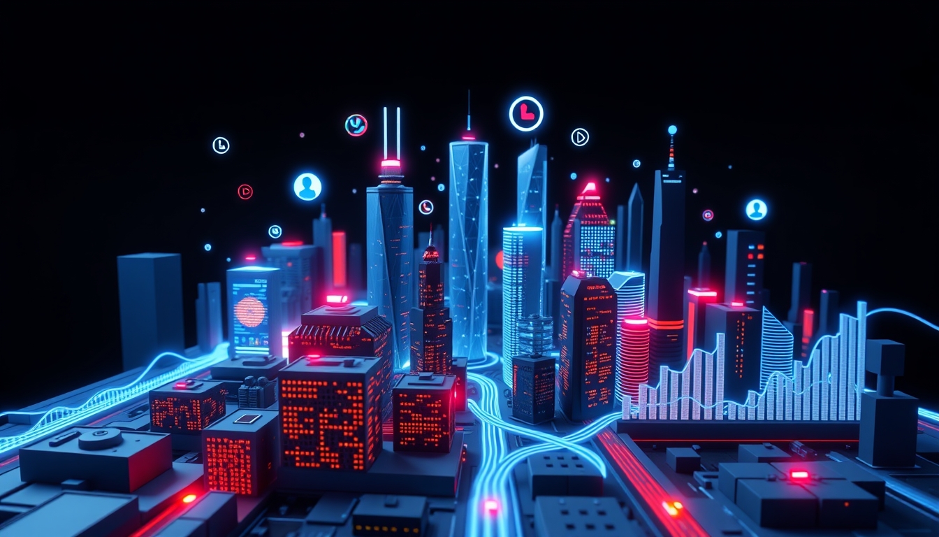 Dynamic Futuristic 3D Cityscape with Business Icons and Graphs in High Contrast