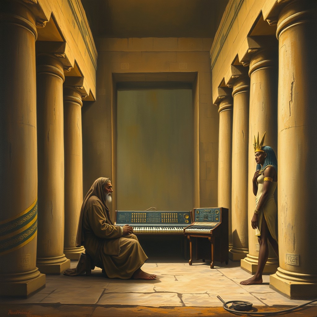 An old oil painting of an Egyptian temple. Inside, an old hermit is working on a sound console. From the side, Isis is looking at him.