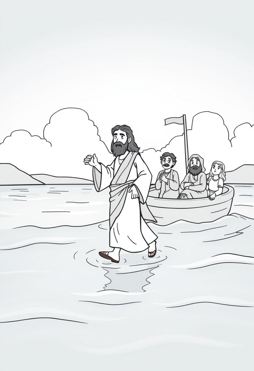 Depict Jesus walking calmly on water, with surprised disciples in a boat witnessing the miracle. A coloring book page, cartoon style, thick lines, low details, no shading. - Image