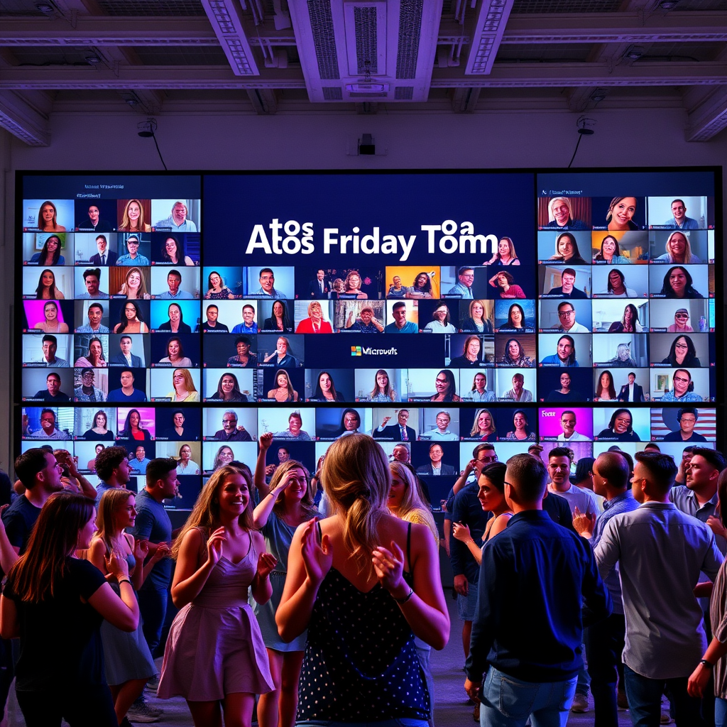 In a large office, a Microsoft Teams meeting with many people takes up a full wall. The title on the screen says "Atos Friday Team." The lighting is disco. There are many people in front of the screen dancing. At the front of the dancers is Taylor Swift.