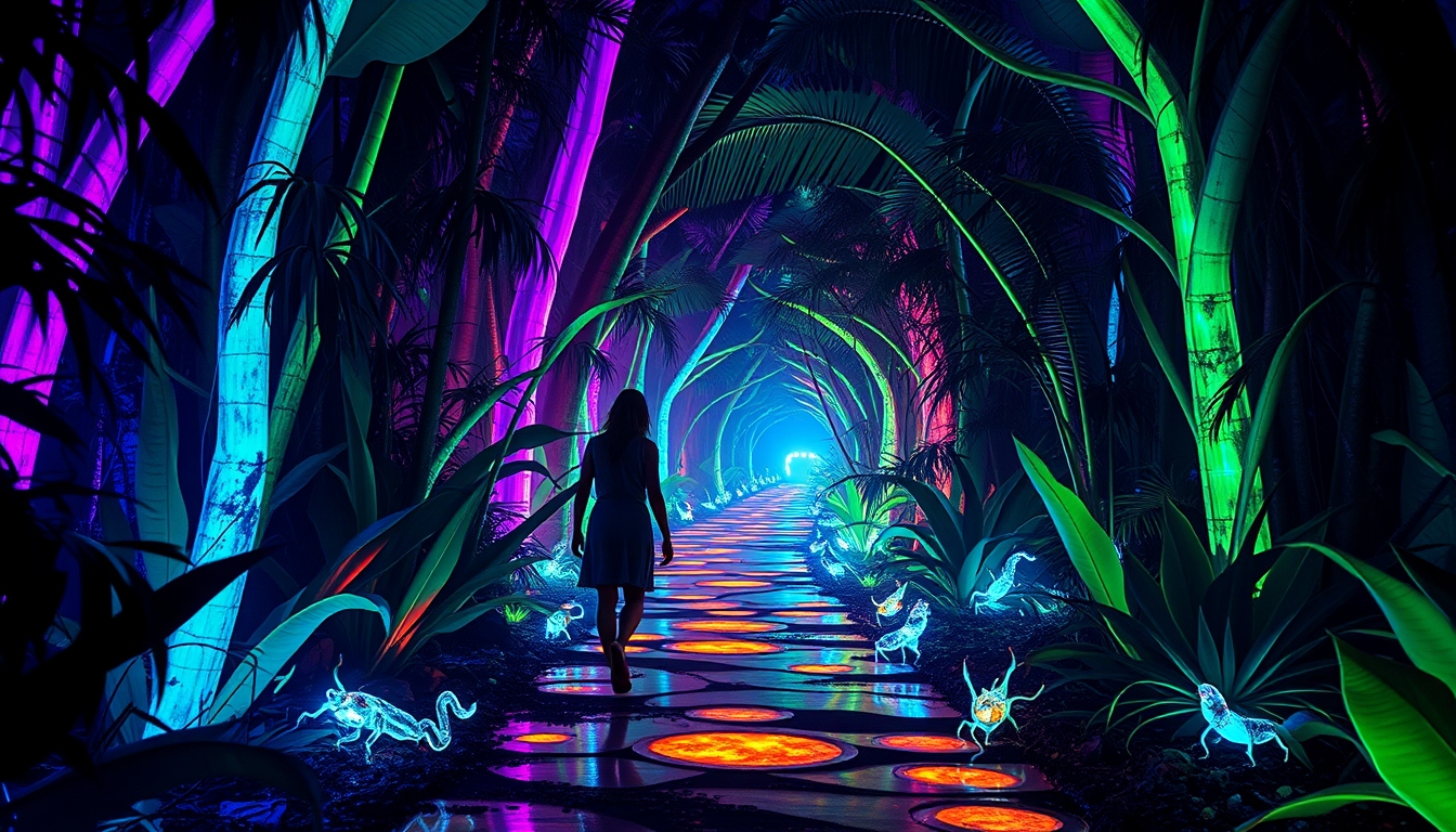 This then transitions to them walking through a pathway of bioluminescent plants and creatures, lighting up with every step. The glowing colors create a dreamlike atmosphere, where reality and fantasy intertwine. Surreal and vivid, combining the raw, untamed beauty of the Amazon Jungle with otherworldly psychedelic visuals and futuristic, neon-lit cyberpunk elements.