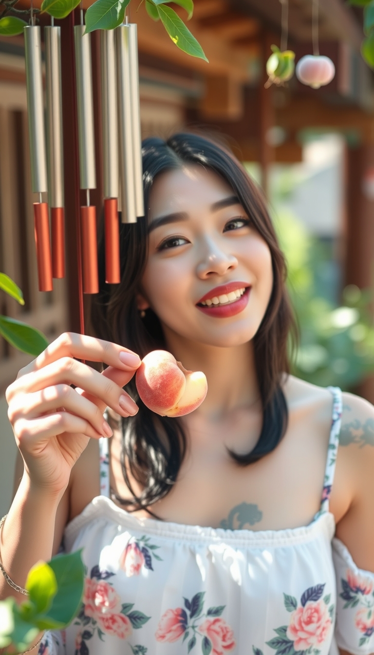 Japanese summer scenery  
A beautiful woman deliciously eating a white peach, wind chimes, a camisole, Japanese idol,  
nostalgic, photorealistic, RAW, HD, 8K