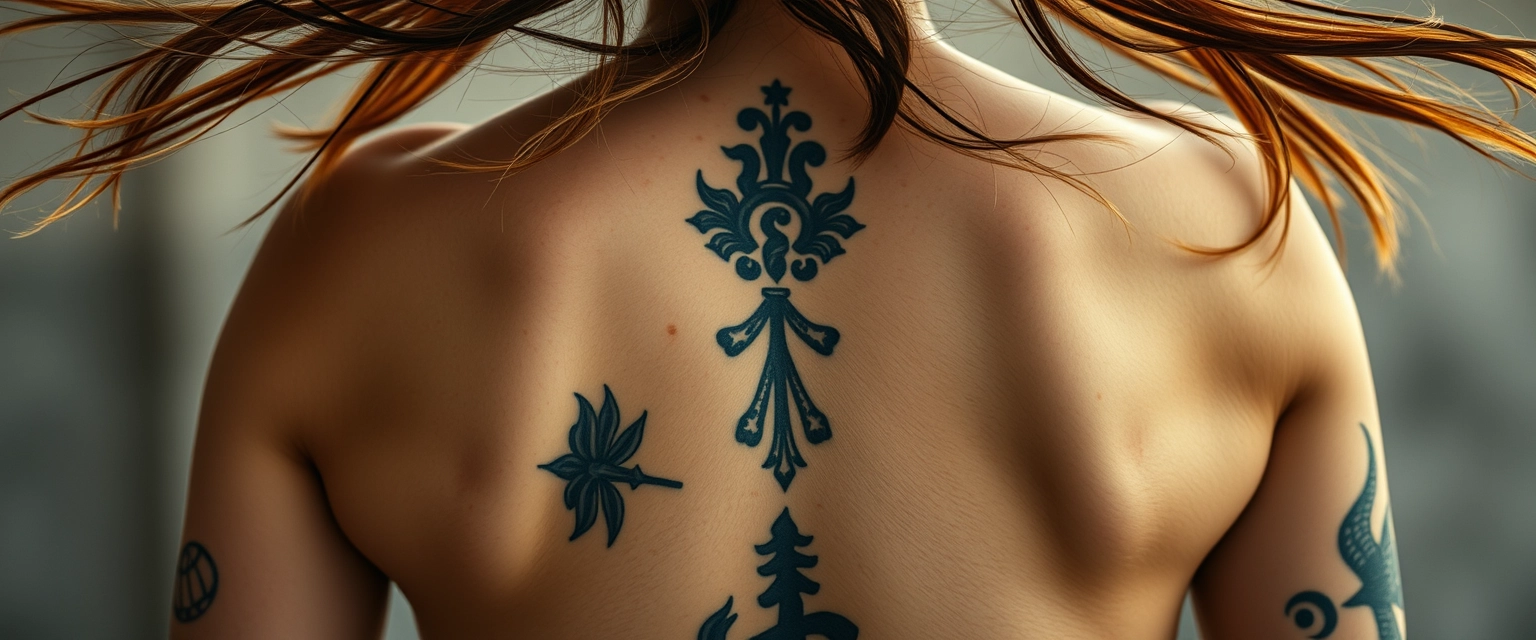 Close-up view of the back of tattooed white-skinned muscular Indian-Korean women with hair flying. - Image